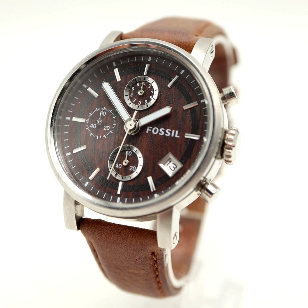 Fossil Boyfriend Wood Grain 38mm Chronograph Watch Brown Leather w New Battery